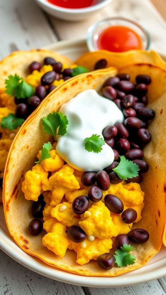 Greek Yogurt Breakfast Tacos with Scrambled Eggs and Black Beans
