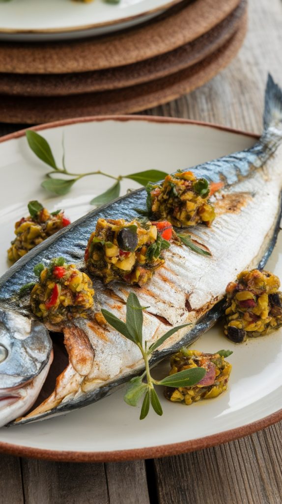 Grilled Mackerel with Zesty Olive Tapenade