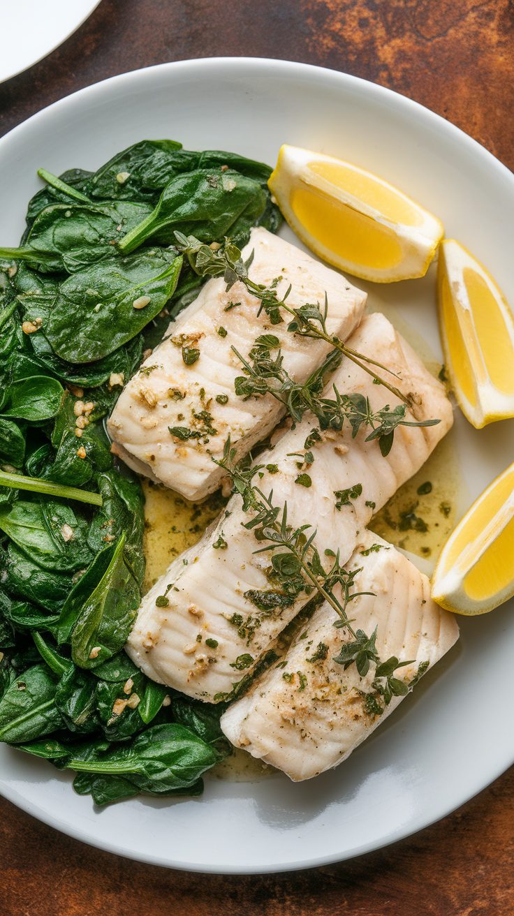 Herbed Halibut with Sautéed Spinach