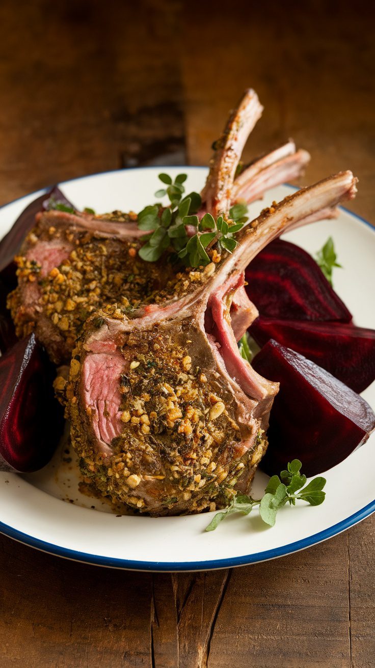Herb-Crusted Lamb Chops with Roasted Beets – Elegant & Flavorful