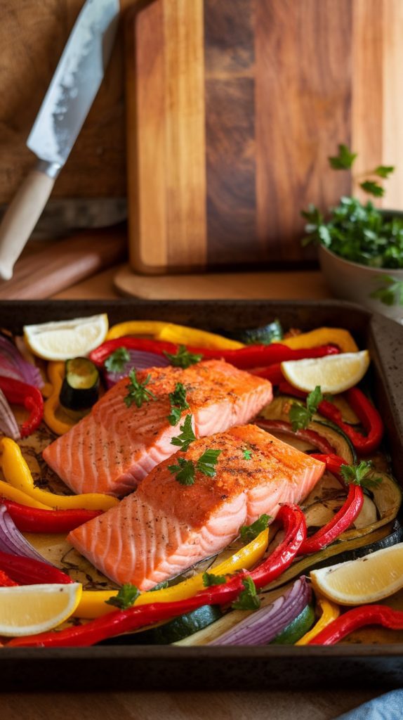 Savory Roasted Vegetable and Salmon Tray Bake