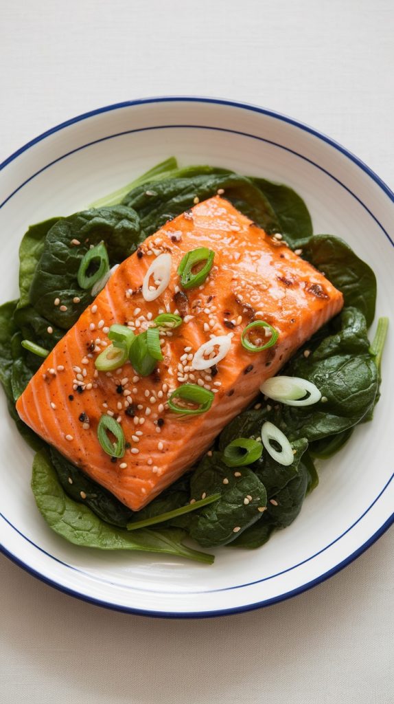 Sesame Ginger Glazed Salmon with Wilted Spinach