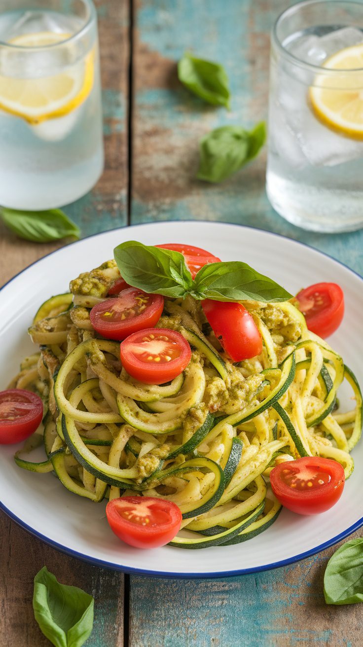 Zucchini Noodles with Fresh Pesto & Juicy Cherry Tomatoes