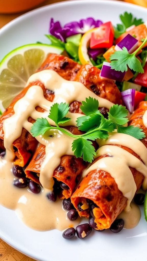 Black Bean and Sweet Potato Enchiladas with Creamy Cashew Sauce