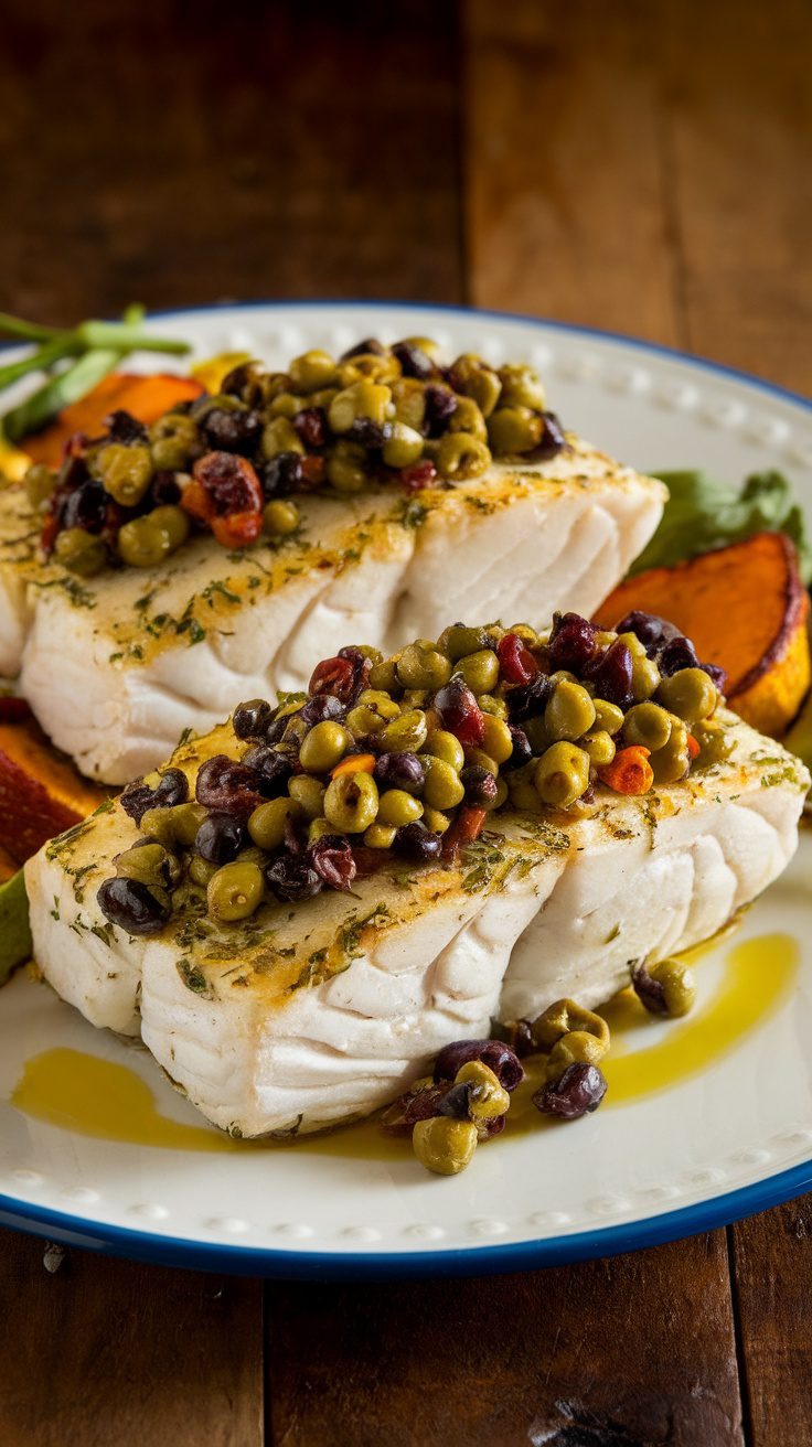 Herb-Crusted Baked Halibut with Savory Olive Tapenade