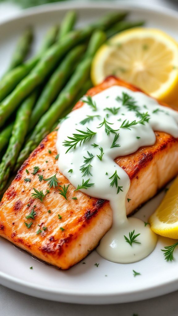 Perfectly Pan-Seared Salmon with Creamy Dill Yogurt Sauce