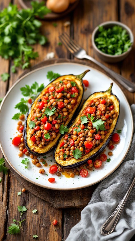 Hearty Stuffed Eggplant with Lentils & Tomatoes