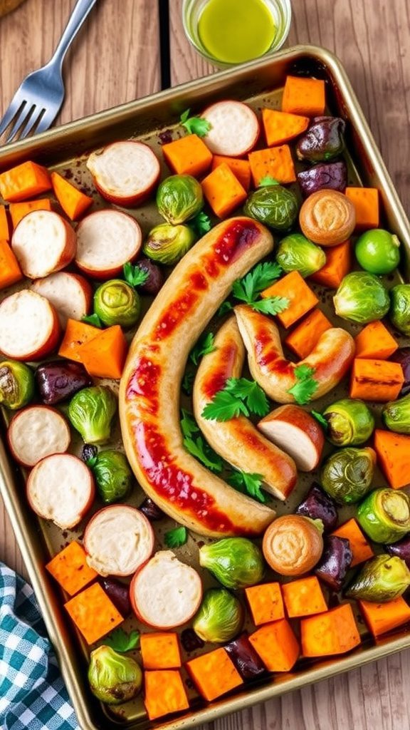 One-Pan Chicken Sausage with Roasted Brussels Sprouts and Sweet Potatoes