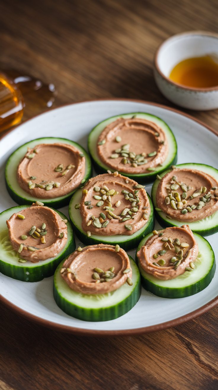 Refreshing Cucumber Slices with Almond Butter and Hemp Seeds