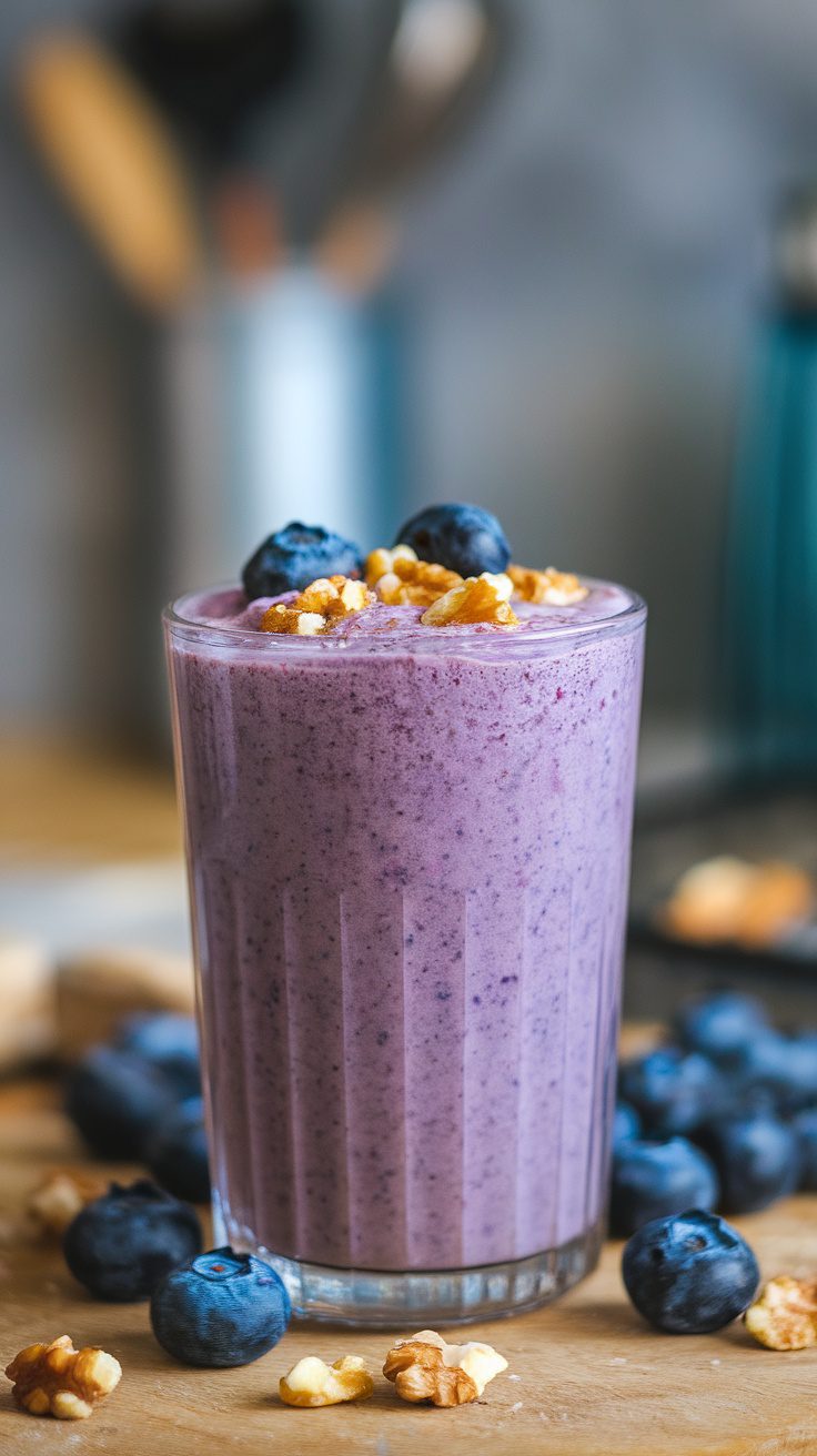 A delicious blueberry walnut smoothie topped with fresh blueberries and walnuts in a glass