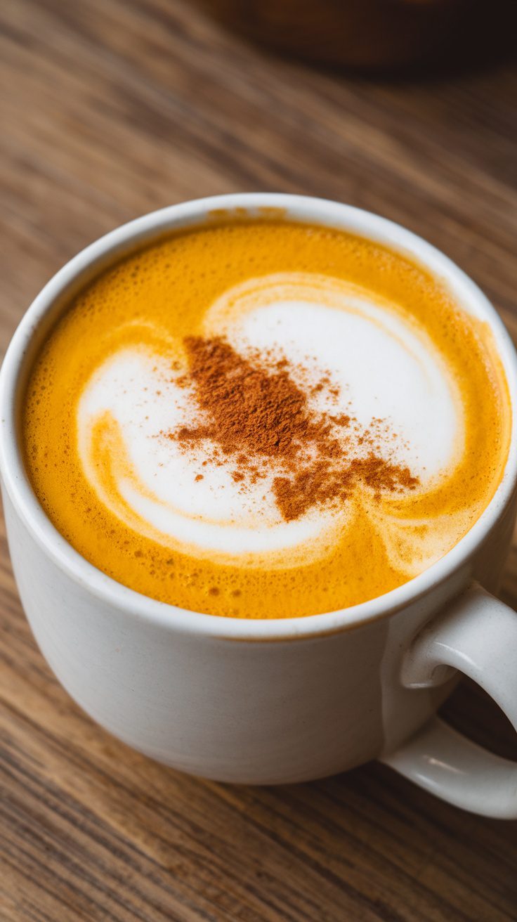 A creamy golden turmeric latte with a sprinkle of cinnamon on top in a white mug.
