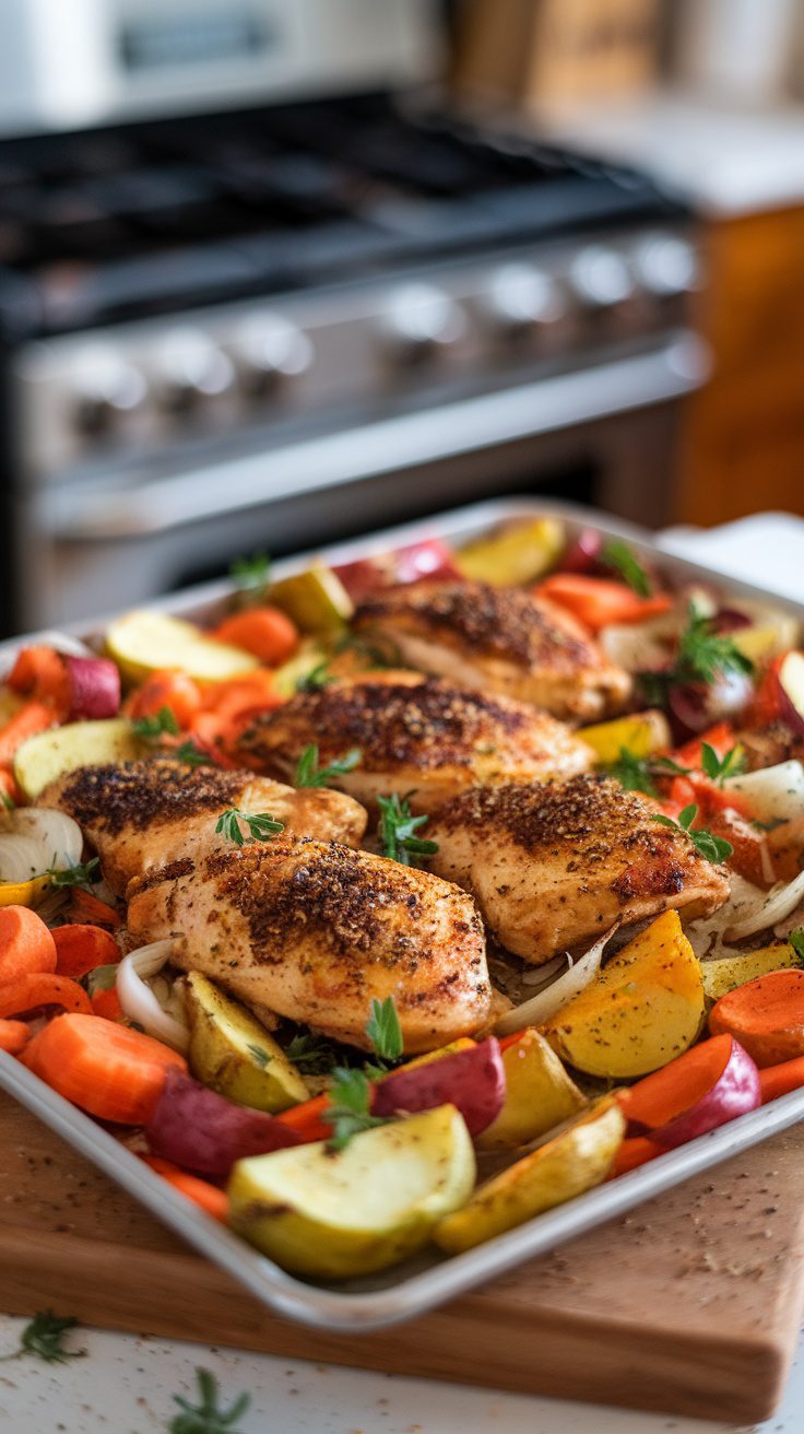 A sheet pan dinner featuring seasoned chicken and colorful vegetables.