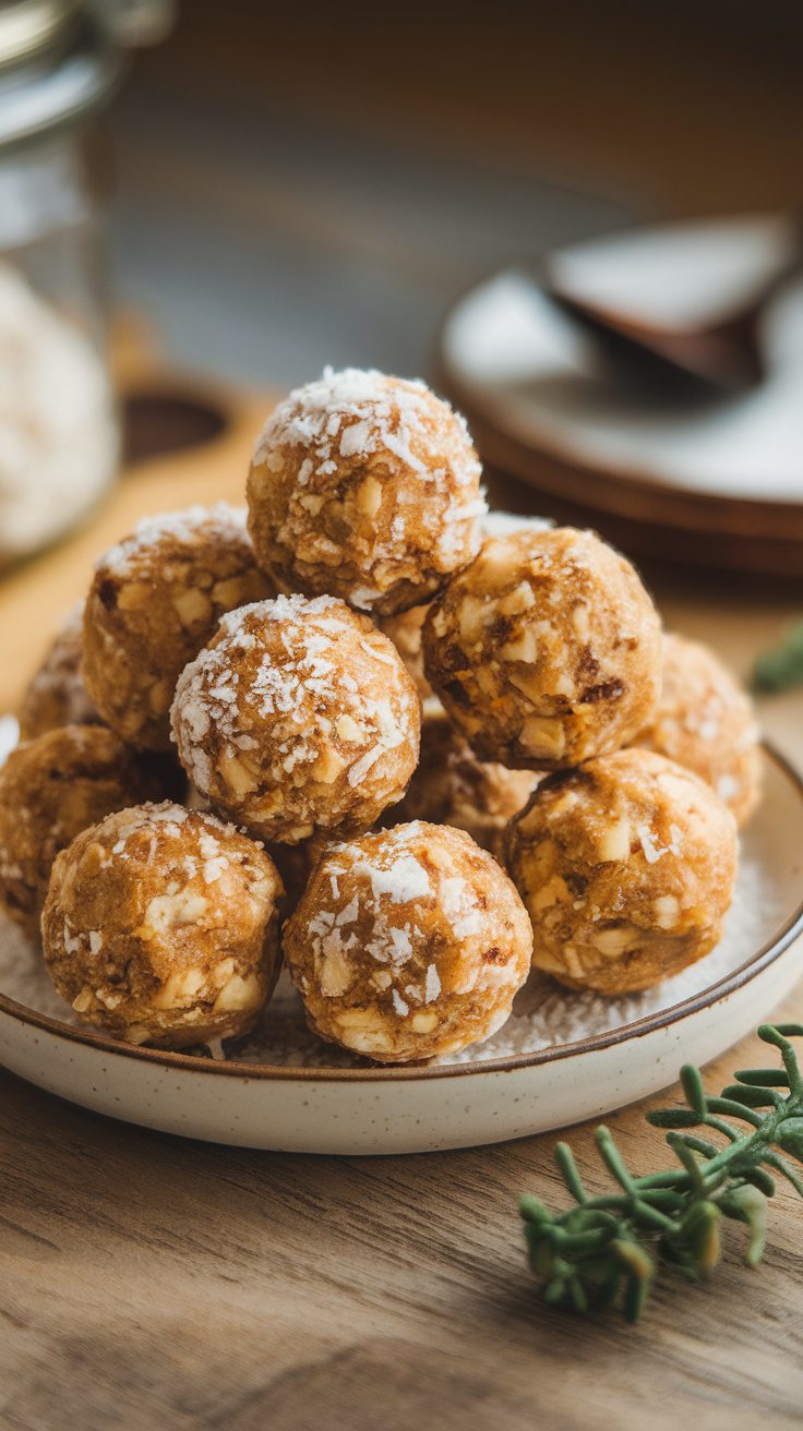 A close-up of golden milk energy balls, sprinkled with shredded coconut, arranged on a plate.