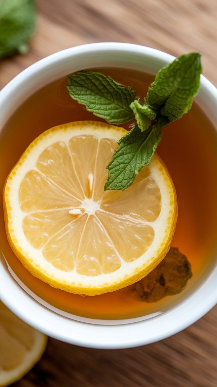 A cup of Healing Ginger Turmeric Immune Tea with lemon and mint