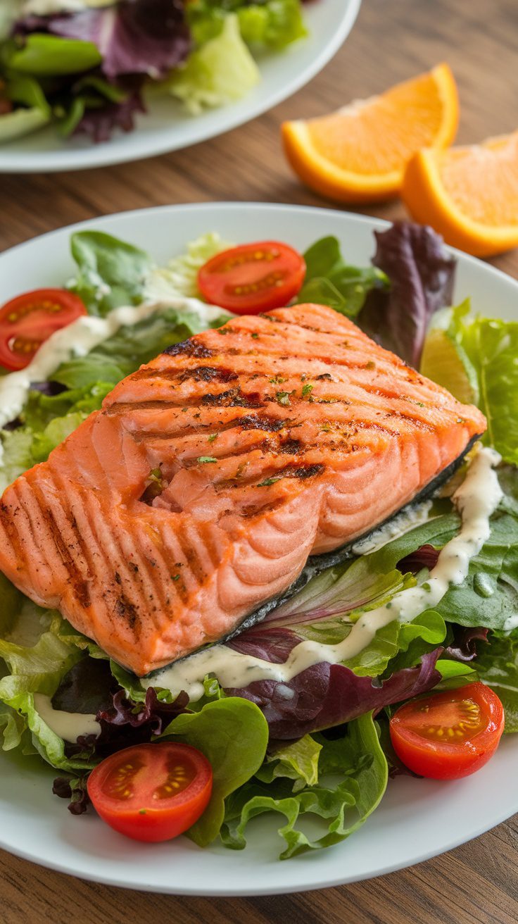 Grilled salmon fillet on a bed of mixed greens and cherry tomatoes, garnished with dressing.