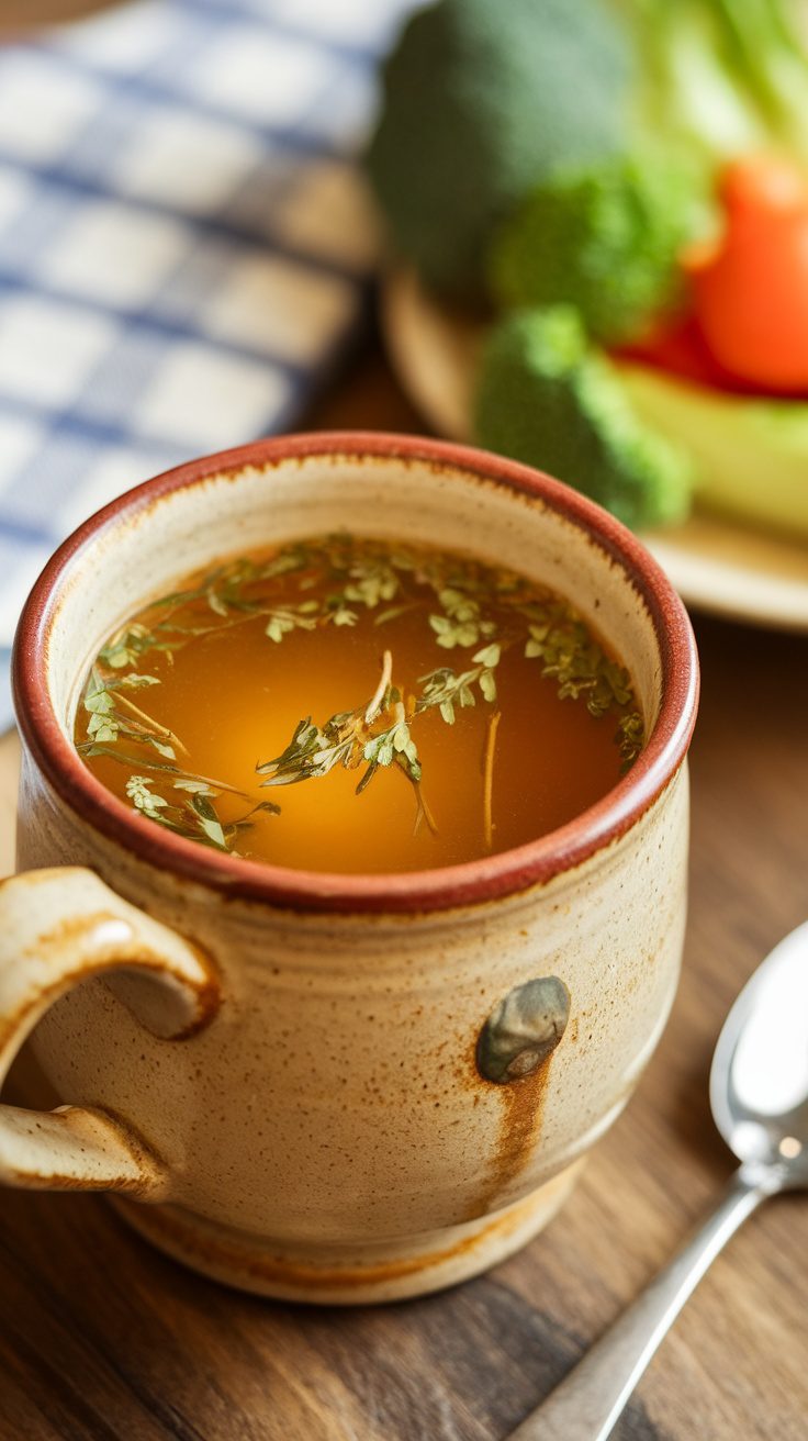 A rustic bowl of nourishing anti-inflammatory bone broth with herbs floating on top.