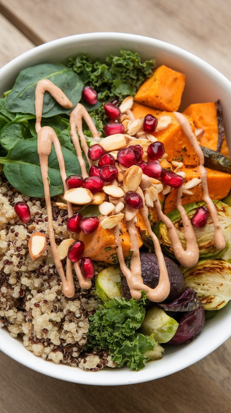 A colorful Buddha bowl featuring quinoa, spinach, sweet potato, Brussels sprouts, pomegranate seeds, and sliced almonds drizzled with a creamy dressing.