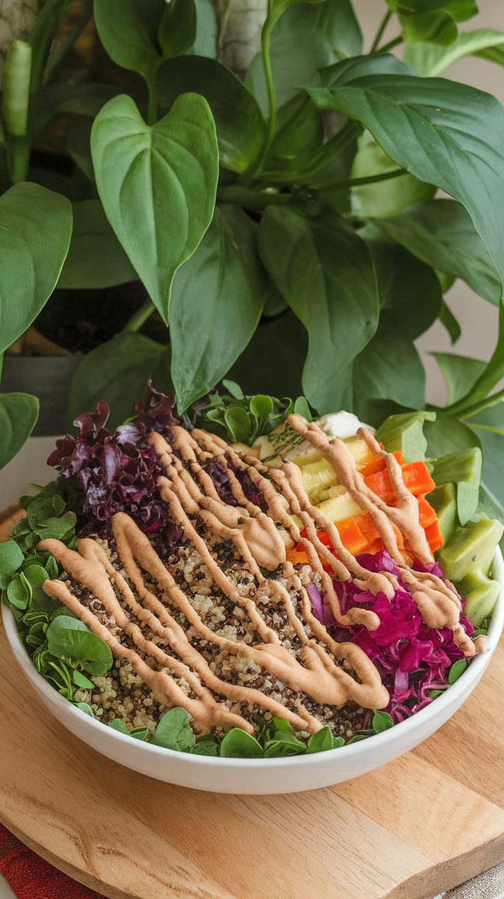 A colorful Buddha bowl with quinoa, fresh vegetables, and a nutty dressing, surrounded by green plants.