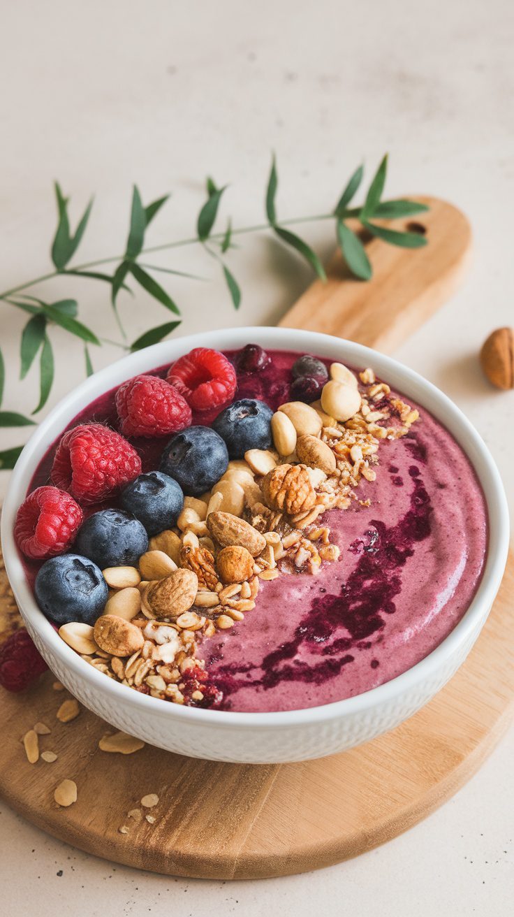 A smoothie bowl topped with raspberries, blueberries, nuts, and granola.