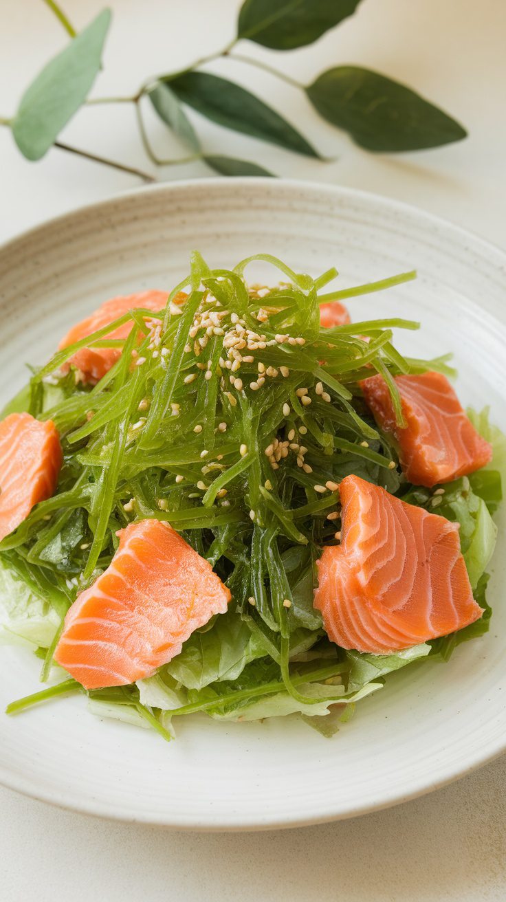 A nutrient-packed seaweed and salmon salad with fresh ingredients.