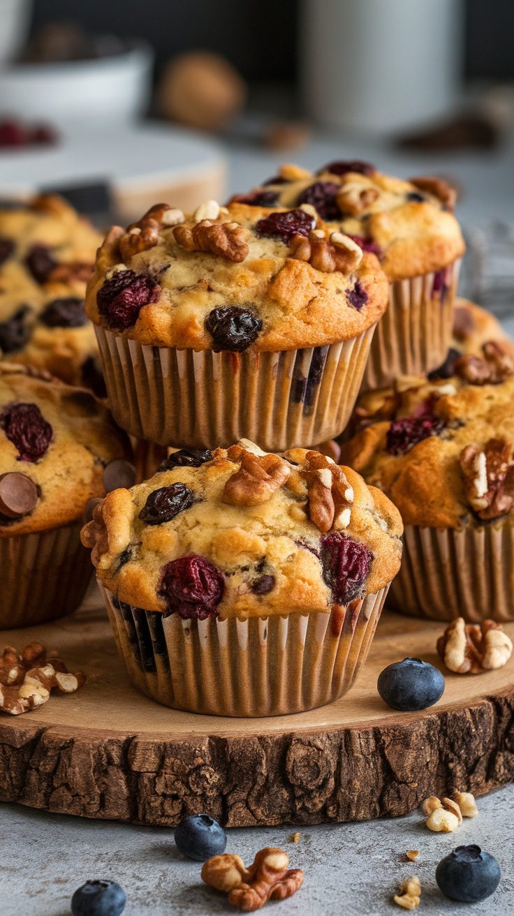 A stack of breakfast muffins topped with walnuts and filled with berries, placed on a wooden surface.