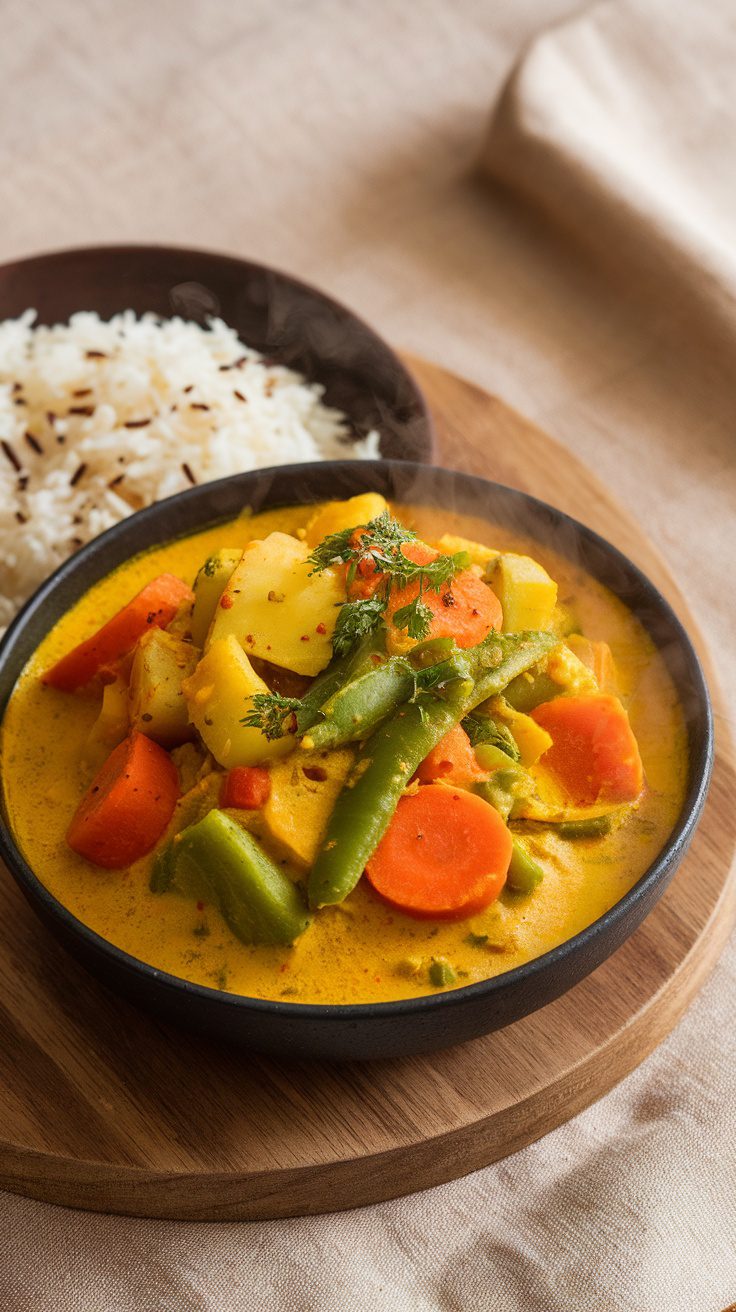 A bowl of vegetable curry with rice on the side, showcasing colorful vegetables in a creamy sauce.
