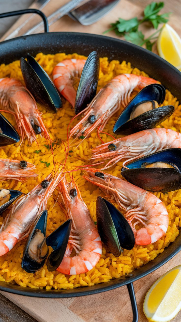 A close-up of seafood paella featuring shrimp and mussels arranged beautifully over yellow rice.