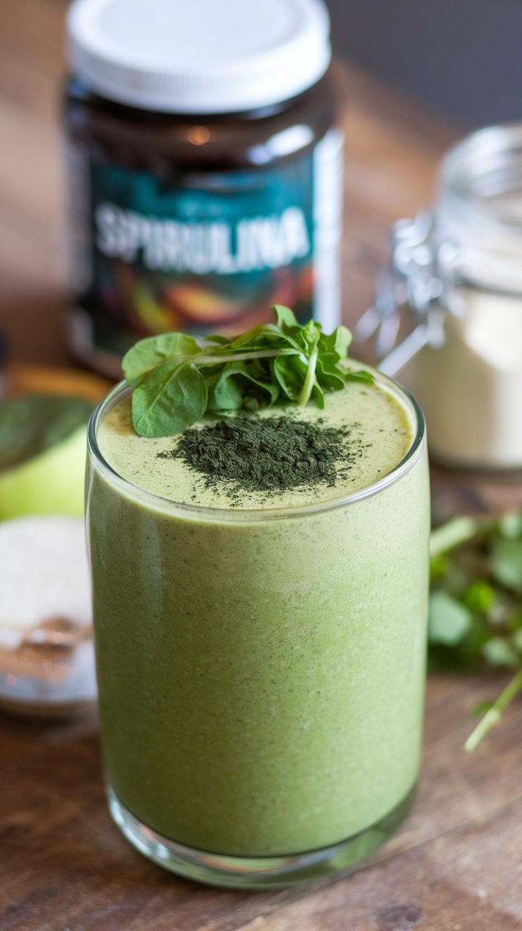 A glass of spirulina green smoothie topped with spirulina powder and fresh greens, with a jar of spirulina in the background.