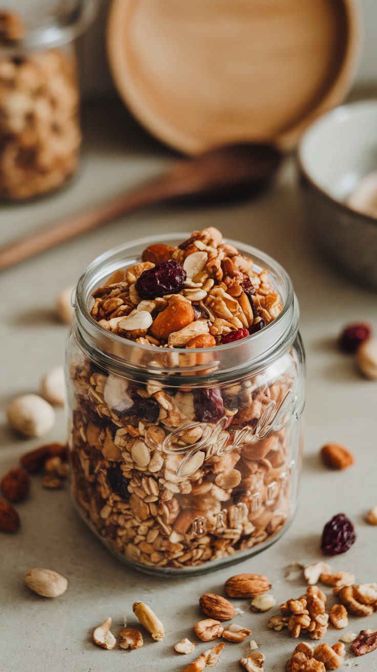 A jar of nutty granola filled with oats, nuts, and dried fruits.