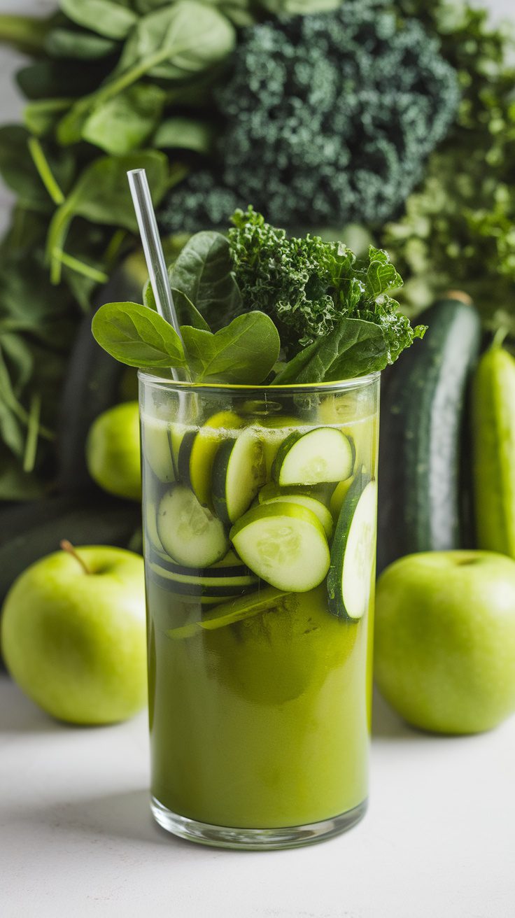 A glass of refreshing anti-inflammatory green juice with cucumber slices and leafy greens.