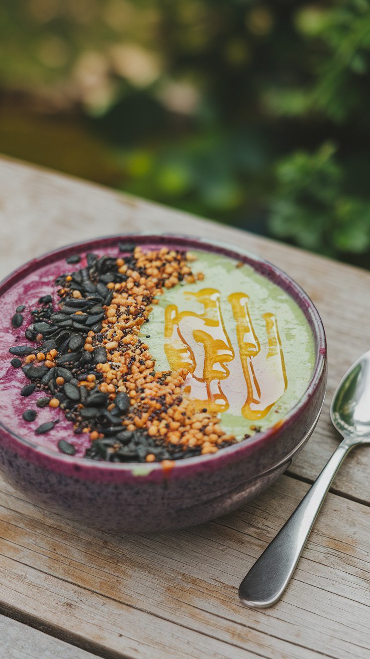 A colorful smoothie bowl topped with seeds and honey, placed on a wooden table.