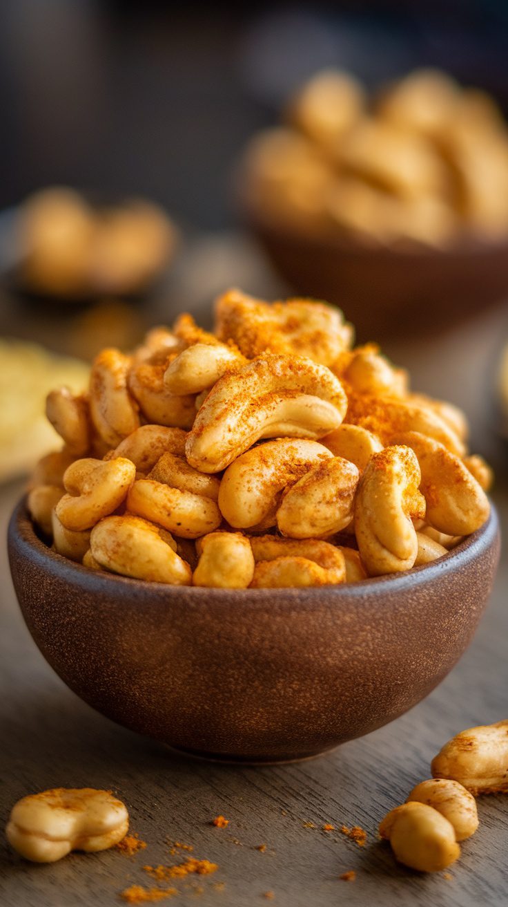 A bowl of savory turmeric and ginger roasted nuts, showcasing a colorful coating of spices.