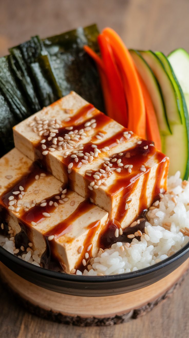 A bowl of seaweed tofu lunch, featuring tofu cubes, sesame seeds, rice, and colorful vegetables.