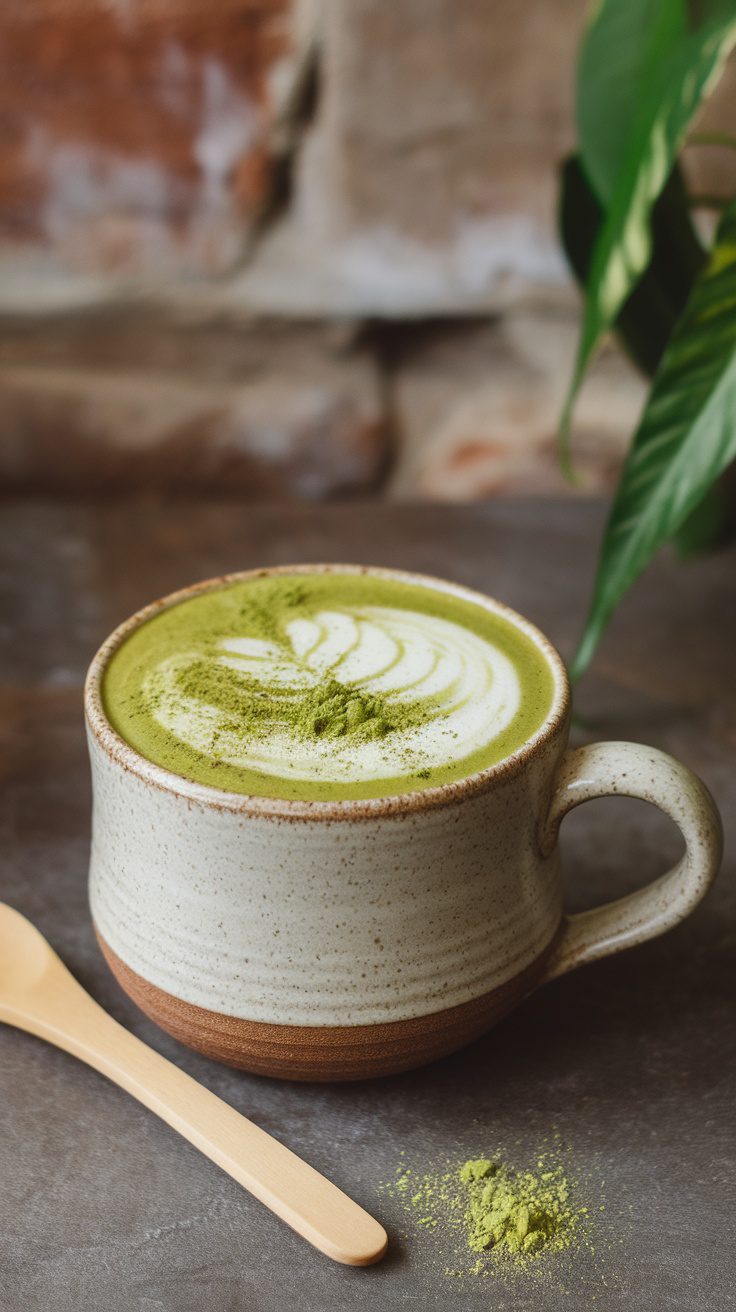 A cozy matcha latte in a rustic cup, garnished with a swirl and matcha powder on top.