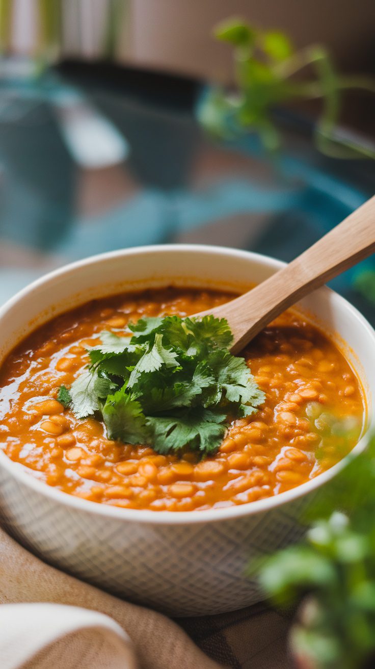 A bowl of turmeric-spiced red lentil soup garnished with cilantro, sitting on a table.