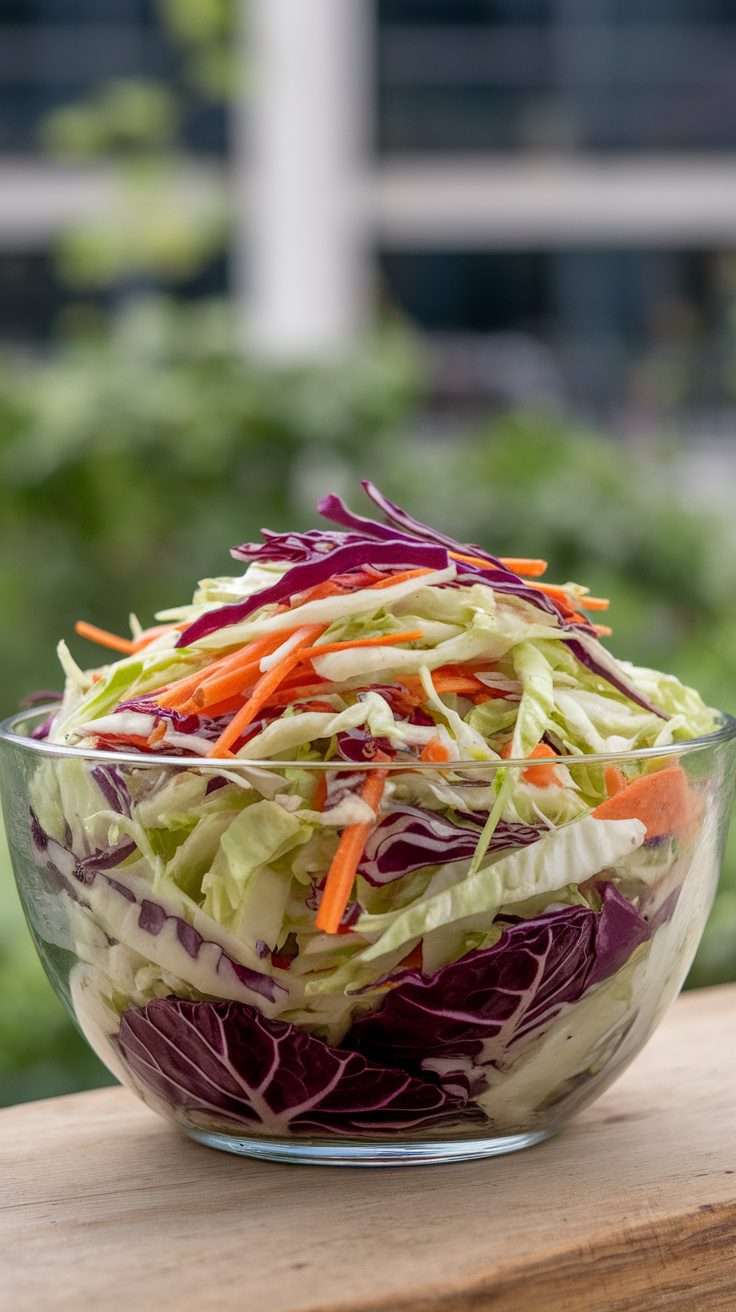 A bowl of zesty cabbage slaw with green and purple cabbage and shredded carrots.