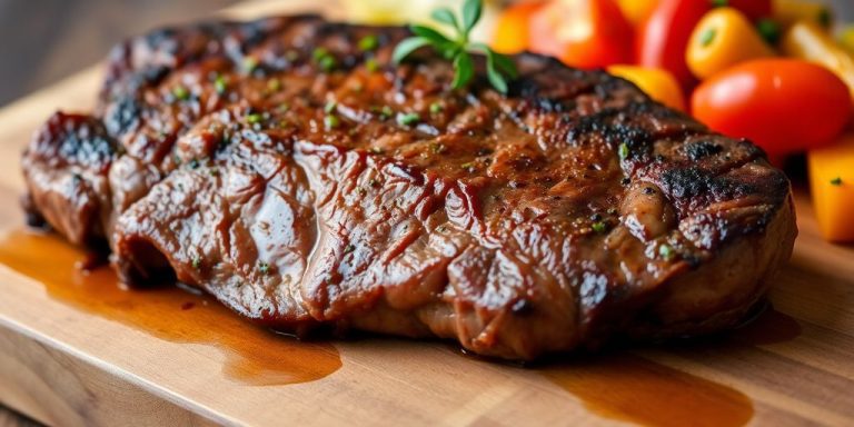 Grass fed sirloin steak with fresh herbs and vegetables.