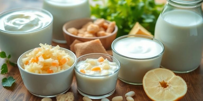 Probiotic-rich foods like yogurt and sauerkraut on table.