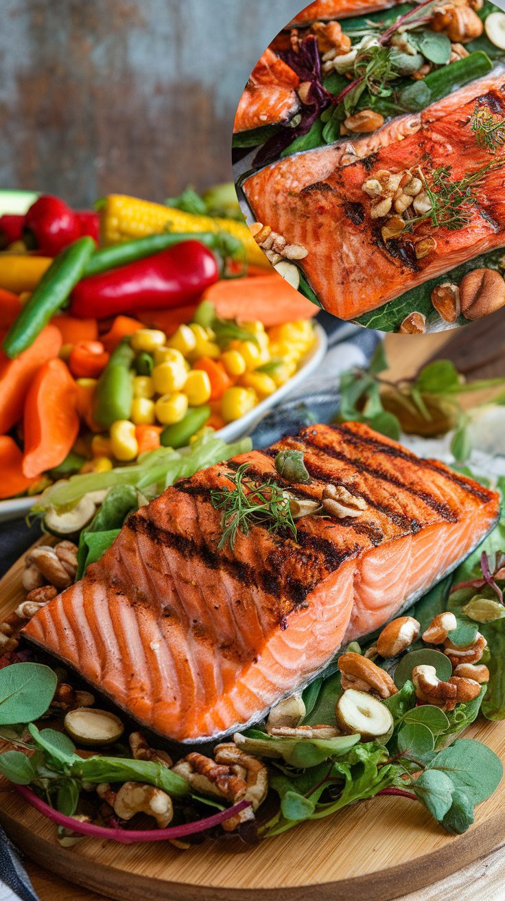 Grilled salmon served on mixed greens with nuts and vegetables