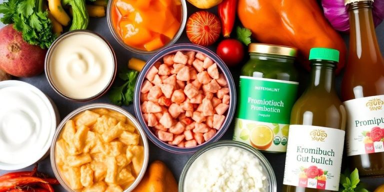 Colorful probiotics-rich foods for a healthy gut.