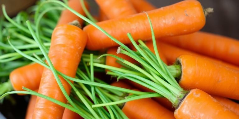 Fresh carrots with green tops on a rustic surface.