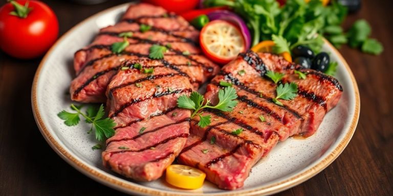 A plate of grilled red meat with fresh vegetables.