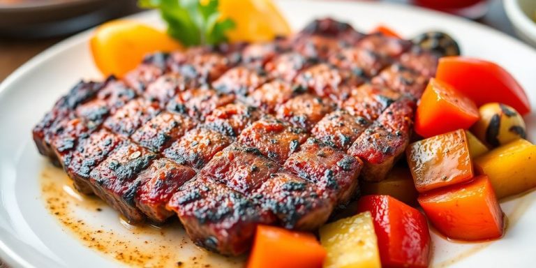 Plate of grilled red meat with colorful vegetables.