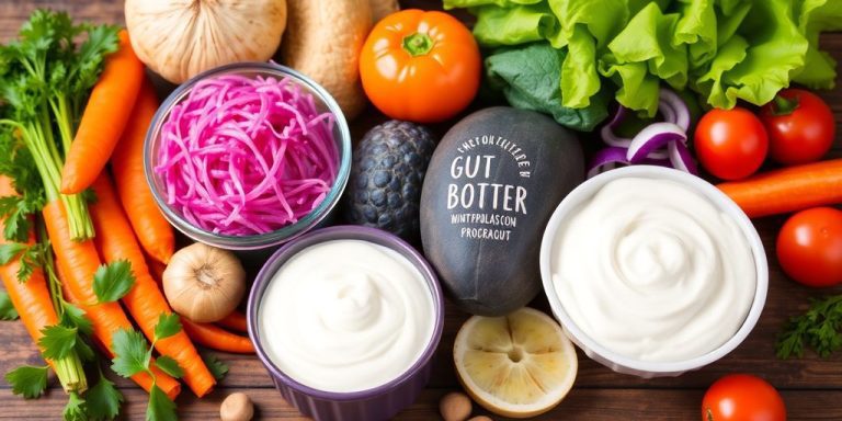 Assorted probiotic foods on a wooden table.