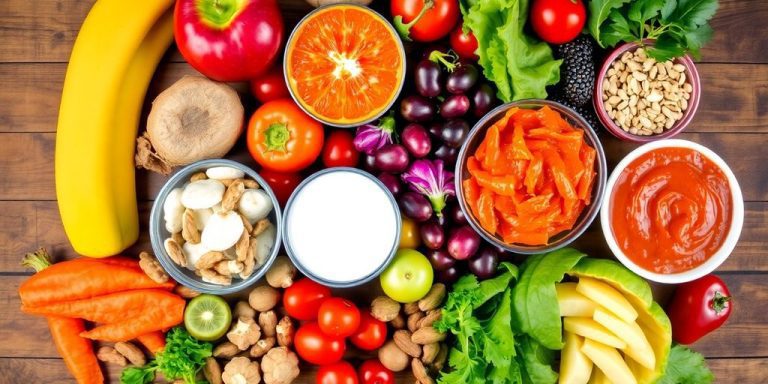 Colorful gut-healing foods on a wooden table.