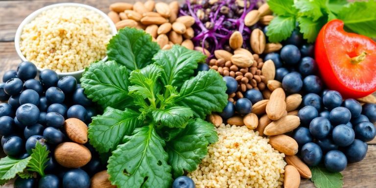 Colorful superfoods arranged on a wooden table for diabetes.