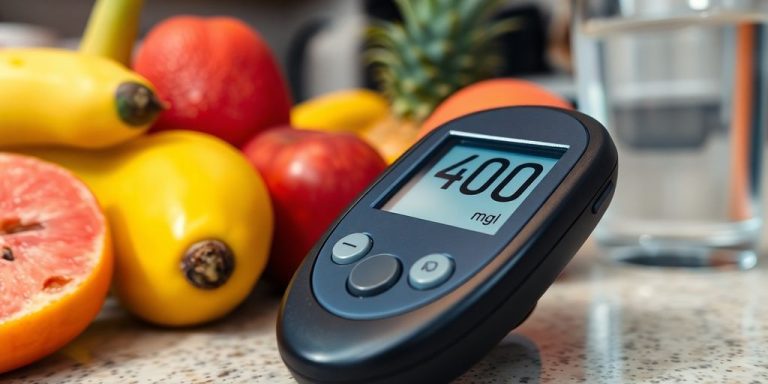 Glucose meter showing 400 mg/dL next to fruits.