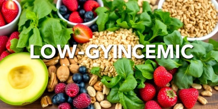 Variety of low-glycemic foods on a wooden table.