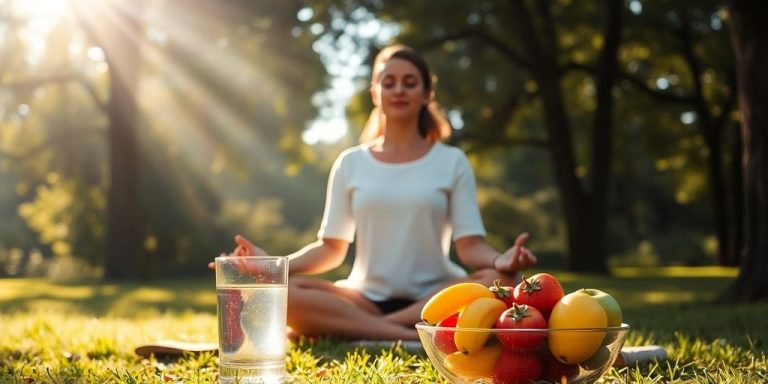Person meditating outdoors with fruits and water nearby.