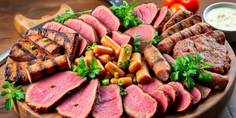 Assorted grass-fed meats on a rustic wooden table.